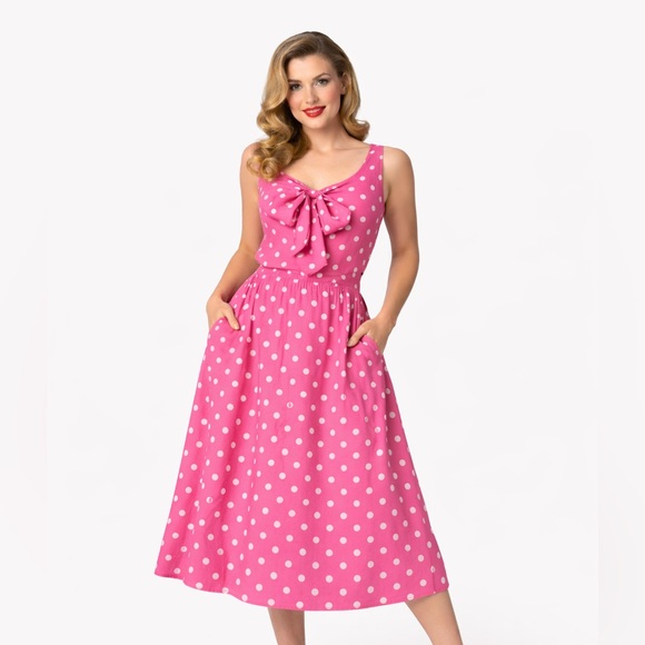 Unique Vintage Dresses & Skirts - Unique Vintage Pink Polka Dot Midi Dress Pockets Retro 50s Inspired Swing Size S